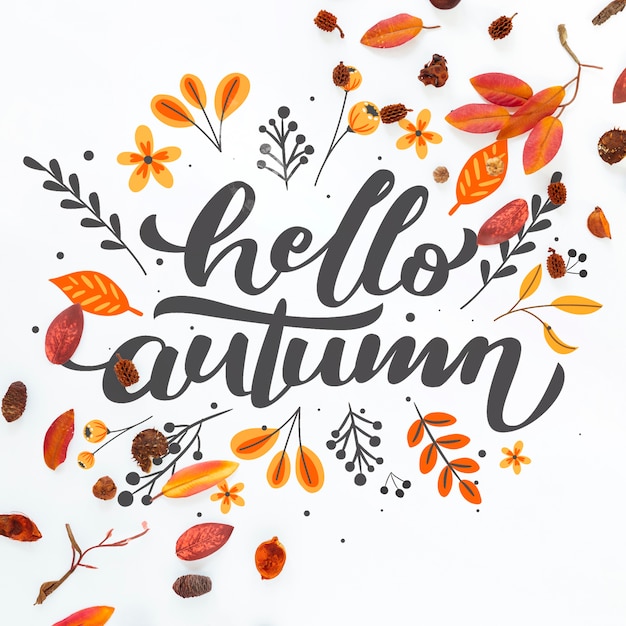 Close-up hello autumn quote with dried leaves PSD file | Free Download