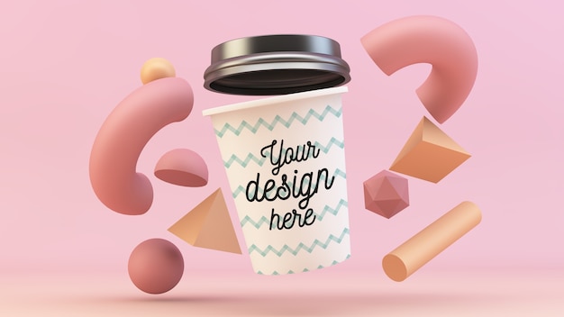 Download Premium Psd Coffee Cup Floating With 3d Shapes Mockup