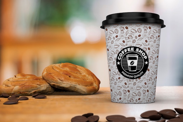 Coffee cup mockup with breakfast PSD Template