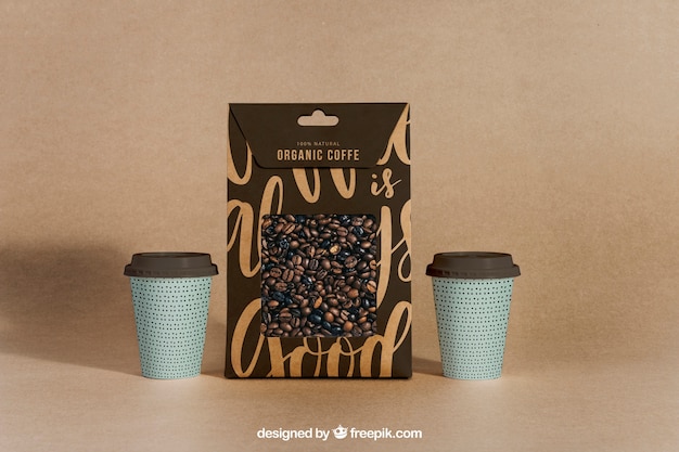 Coffee mockup with two cups and bag PSD file | Free Download