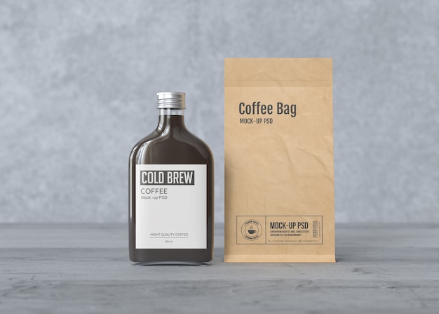Premium PSD | Cold brew coffee bottle with paper coffee bag mockup