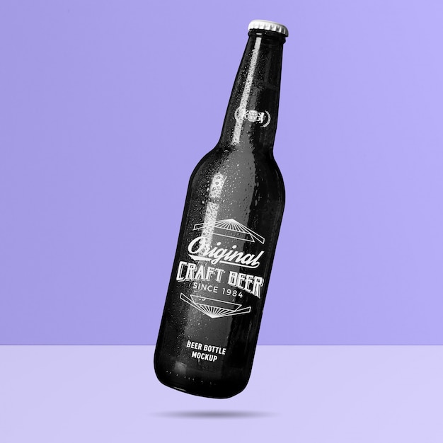 Download Cold Crafted Levitating Studio Black Glass Beer Bottle Mockup Psd Template Best Free Psd Boxes Mockups