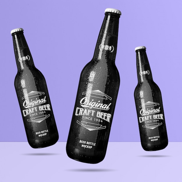 Cold Crafted Levitating Studio Black Glass Beer Bottles Mockup Psd Template