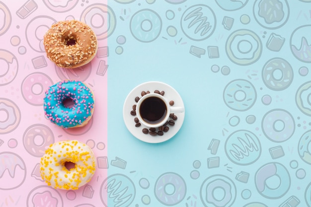 Download Free Psd Colorful Donuts And Coffee With Mock Up