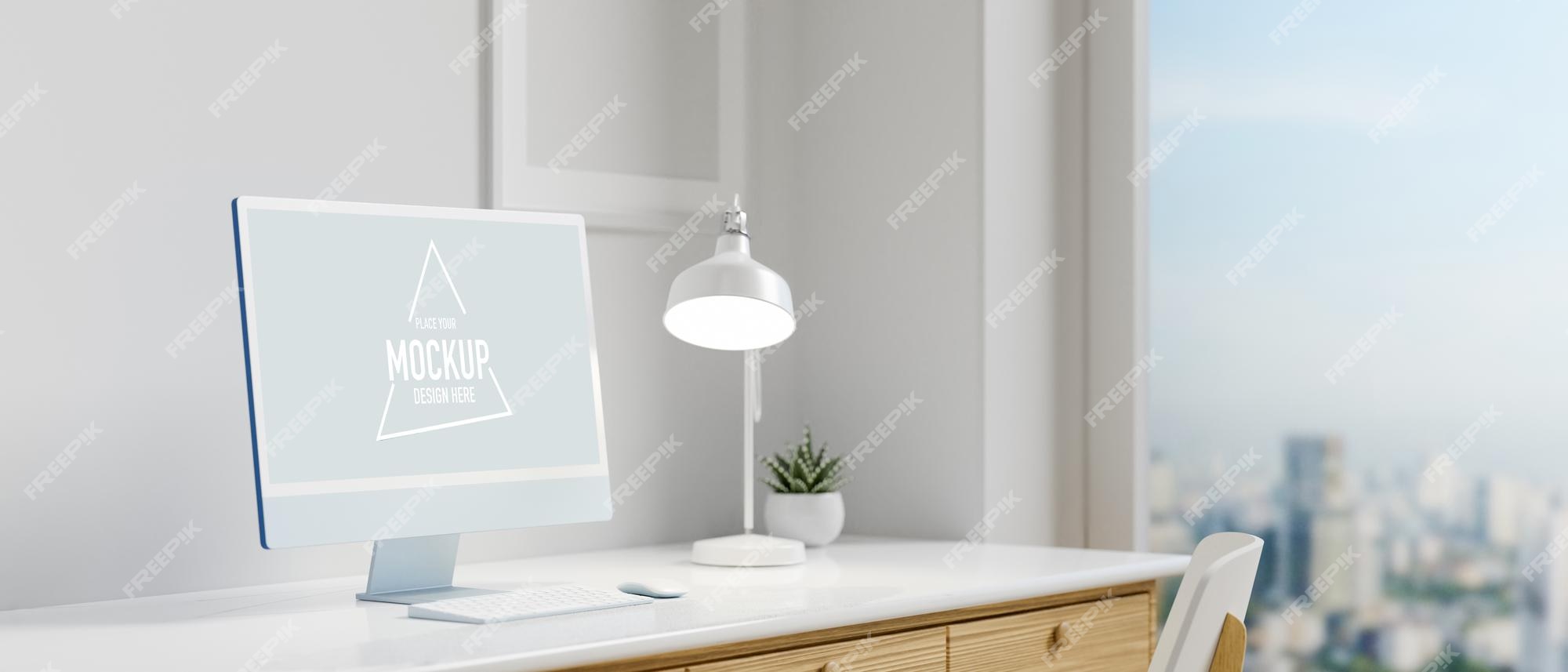 Premium PSD | Computer mockup screen on the desk with panoramic window