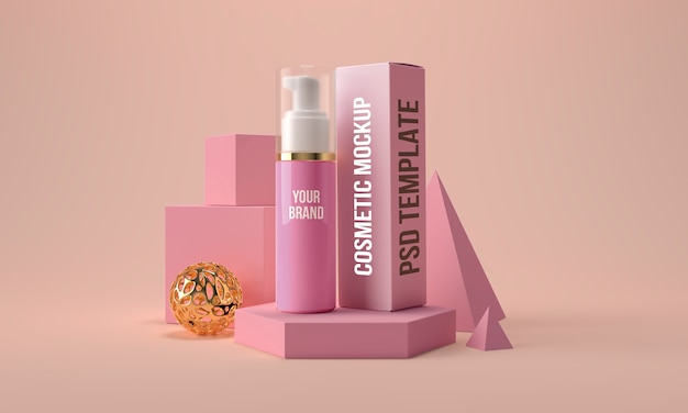 Premium PSD | Cosmetic bottle with dispenser and box mockup. beauty skin  care product container 3d render