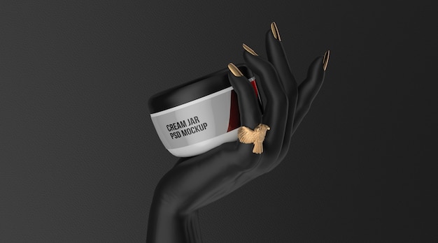 Download Cosmetic cream jar mockup on black hand 3d render | Premium PSD File