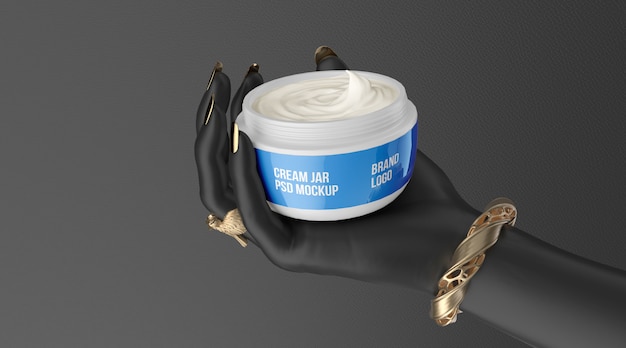 Cosmetic jar white cream on black hand 3d render mockup Premium Psd