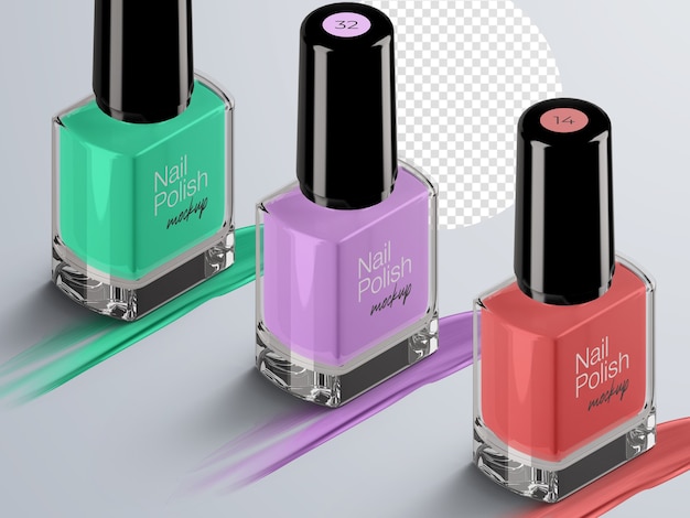 Premium PSD | Cosmetic mockup of isometric nail polish bottles packaging isolated with strokes