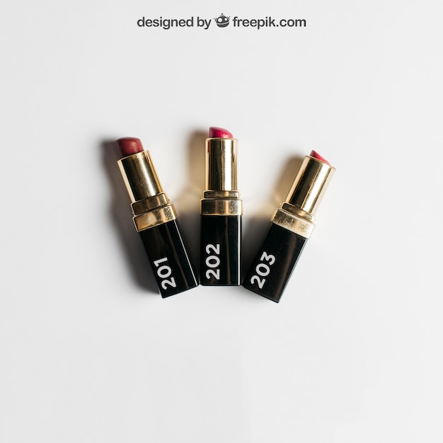 Download Cosmetic mockup with three lipsticks PSD Template - Download Mockup Template PSD