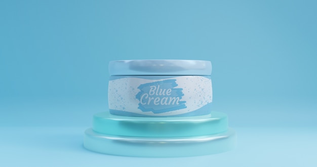 Download Premium Psd Cosmetic Pot Mockup On Blue Podium PSD Mockup Templates