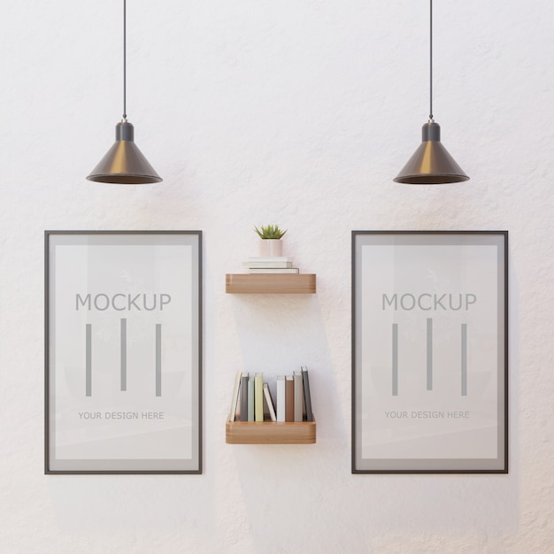 Download Couple frame mockup on white wall under lamp with book ...