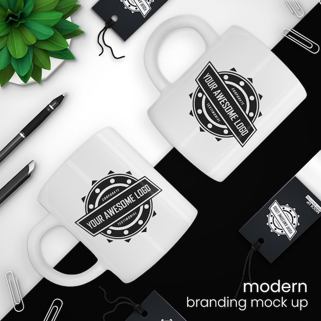 Creative, modern coffee cup and sales tag mockup Premium Psd