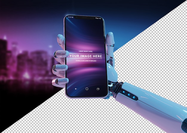 Cut out white robot hand holding modern smartphone mockup Premium Psd