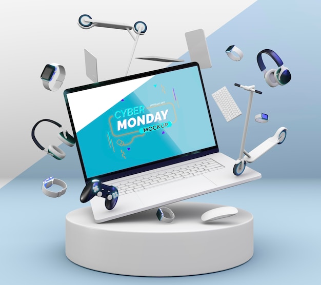 Cyber monday laptop sale mock-up with assortment of different devices Free Psd