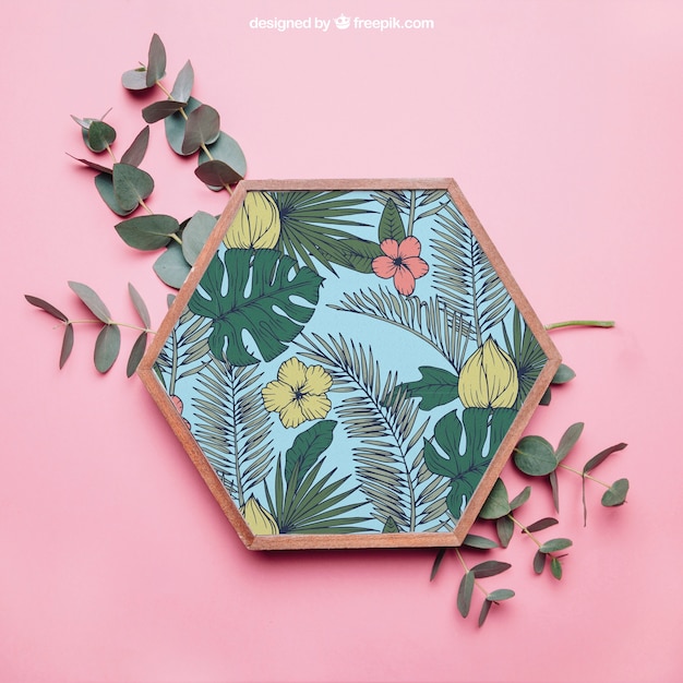 Download Decorative botanical mockup with close up of hexagonal frame | Free PSD File