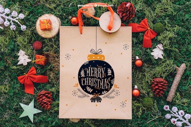 Download Decorative christmas mockup with shopping bag PSD file | Free Download