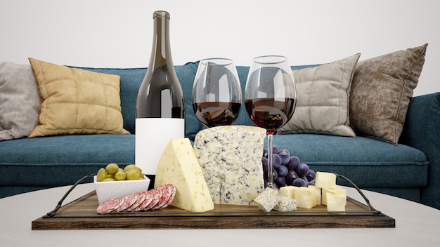 Download Delicious cheese assortment with red wine mockup | Free PSD File