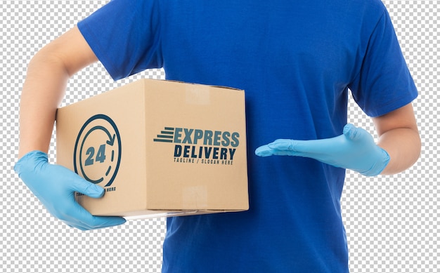 Download Delivery man hand in medical gloves holding cardboard box mockup template | Premium PSD File