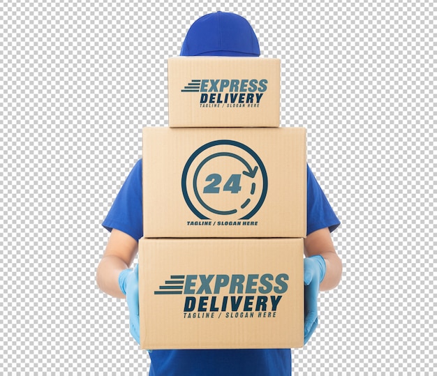 Download Delivery man hand in medical gloves holding cardboard box ...