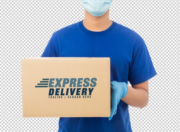 Download Delivery man hand in medical gloves holding cardboard box mockup template | Premium PSD File