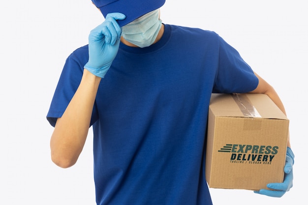 Download Delivery man hand in medical gloves and wearing mask ...