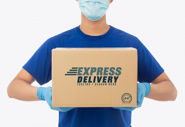 Download Premium PSD | Delivery man hand in medical gloves and ...