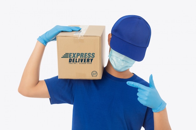 Download Premium PSD | Delivery man hand in medical gloves and ...