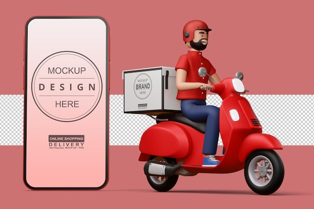 Download Premium Psd Delivery Man Riding A Motorcycle With Delivery Box And Big Phone In 3d Rendering