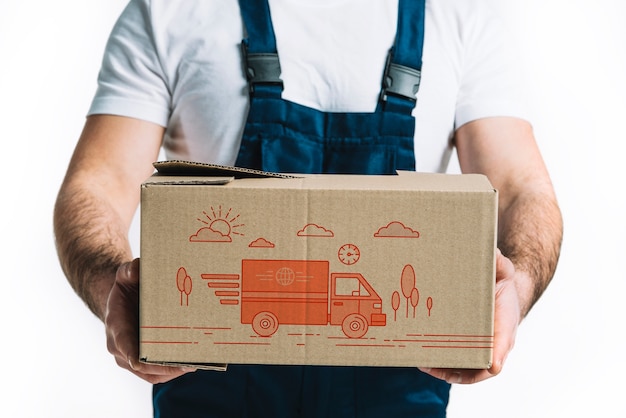 Download Free Delivery Mockup With Man Holding Box Psd Mockup PSD Mockup Template