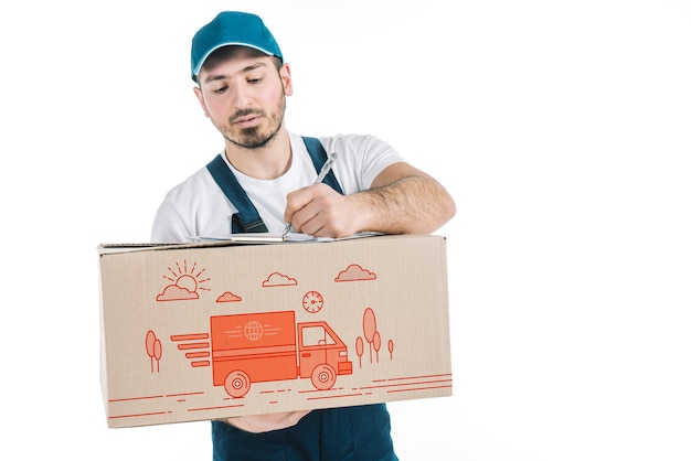 Download Delivery mockup with man holding box | Free PSD File