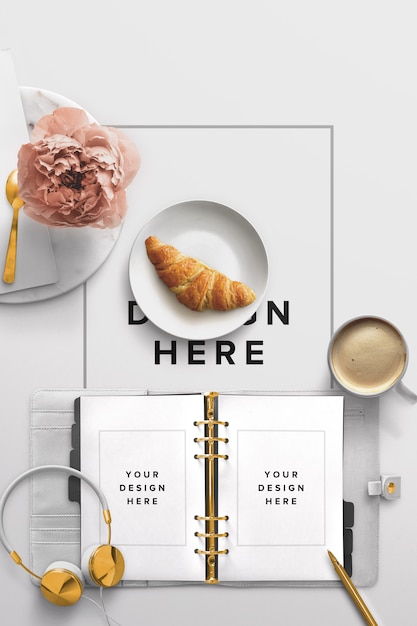 Download Desktop mockup with an agenda and breakfast | Free PSD File
