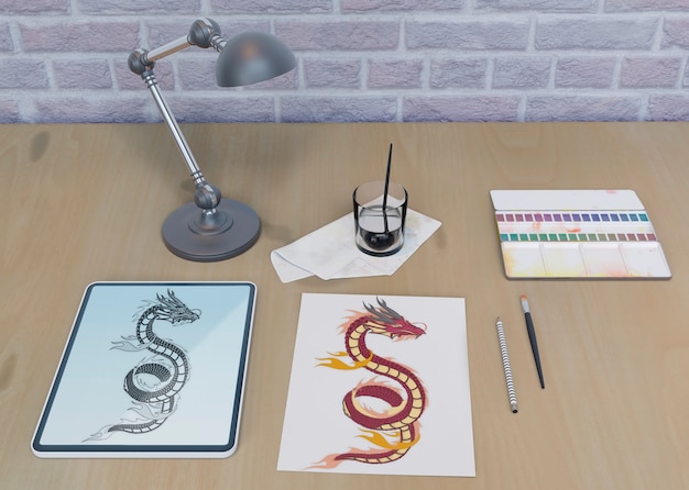 Desktop with snake drawing indoor Free Psd
