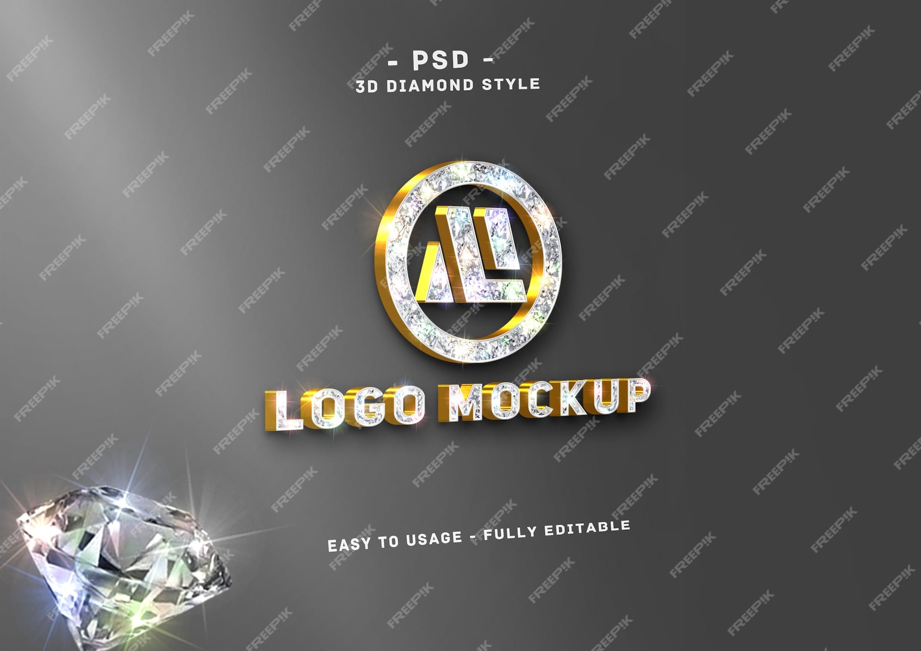 Premium Psd Diamond Logo Mockup On Wall 3d Golden Style