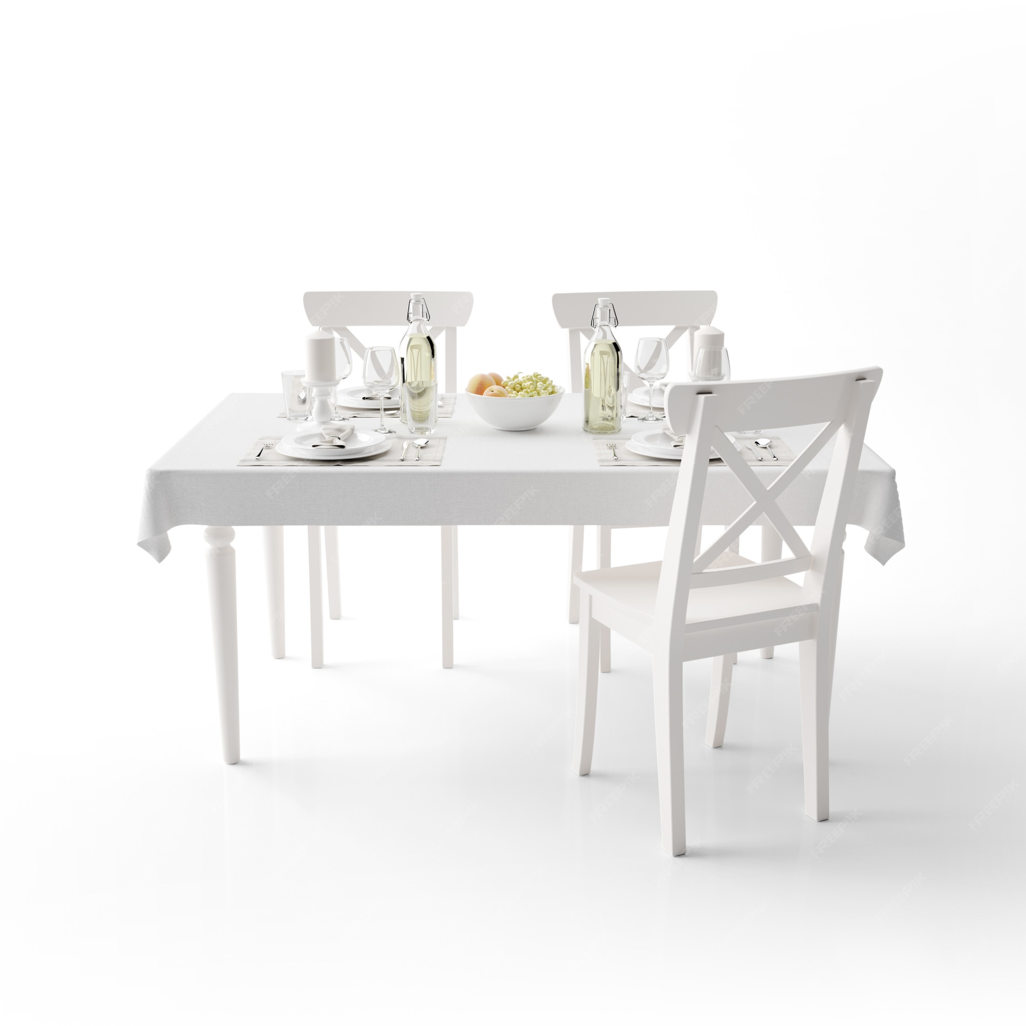 Free PSD | Dining table mockup with white cloth and modern chairs