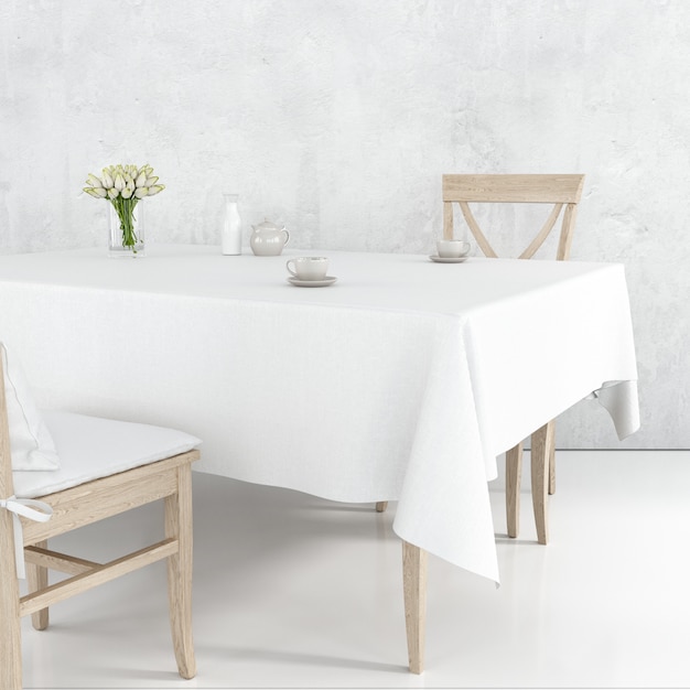 Download Dining table mockup with white cloth and wooden chairs ...