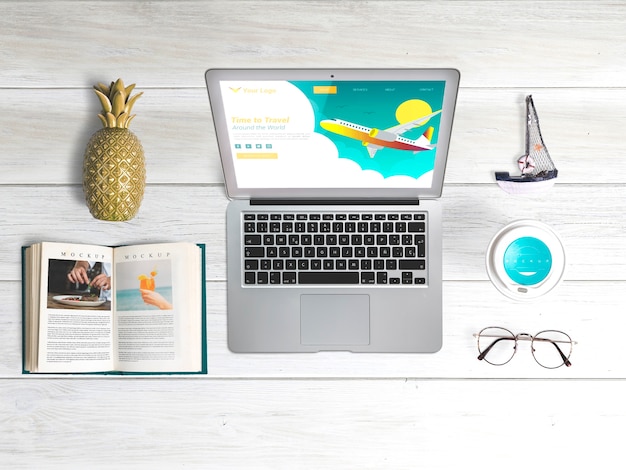 Download Editable flat lay laptop mockup with summer elements | Free PSD File