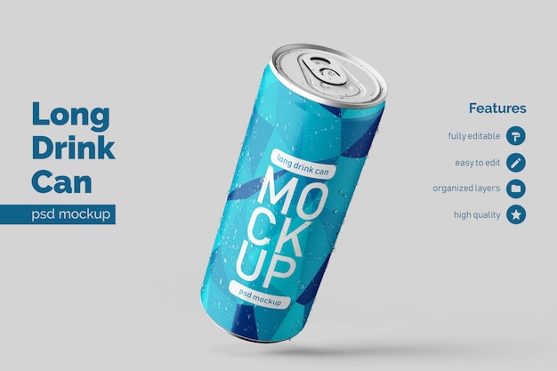 Editable realistic floating right long aluminium drink can mockup design template Premium Psd