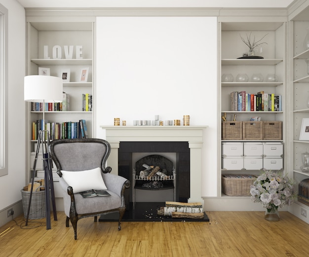 Download Free Psd Elegant Living Room With Armchair Fireplace And Mockup Wall