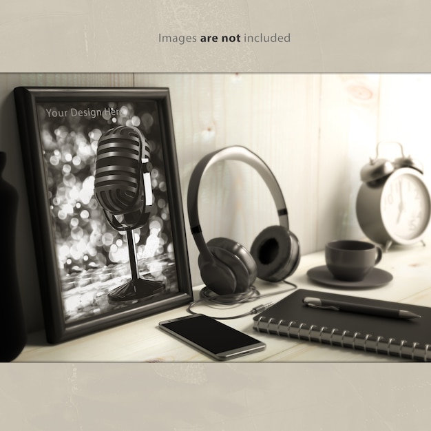 Empty photo frame mock-up on work desk Premium Psd