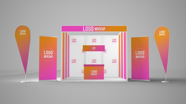 Download Premium PSD | Exhibition booth mockup with banners and rollups