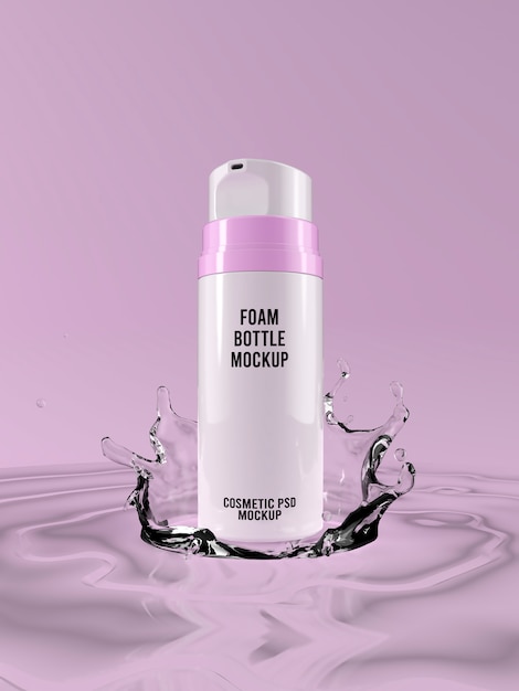 Download Face foam bottle mockup on pink background water splash 3d ...