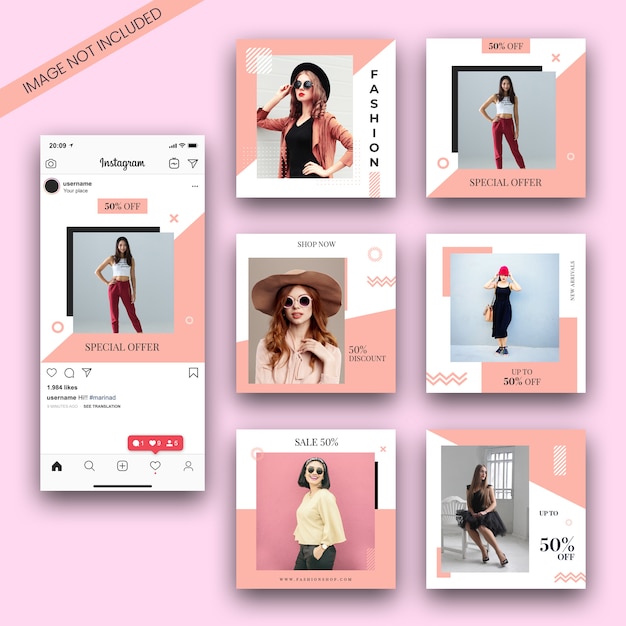 Fashion instagram post template set and screenshot mockup PSD file ...