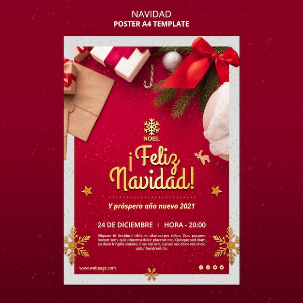 Feliz navidad flyer template Free Psd - Red, Gold and White Theme With Bows and Snowflakes