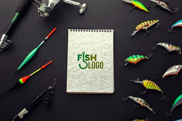 Download Free Psd Fishing Accessories Bait And Notepad Mock Up