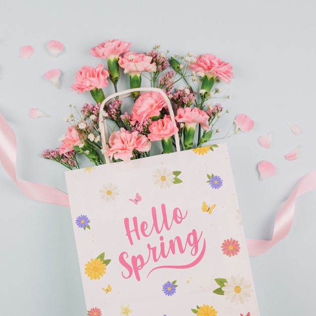 Download Flat lay bag mockup with spring concept | Free PSD File