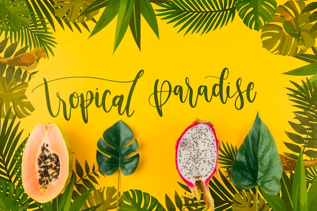 Download Free Psd Flat Lay Copyspace Mockup With Tropical Leaves