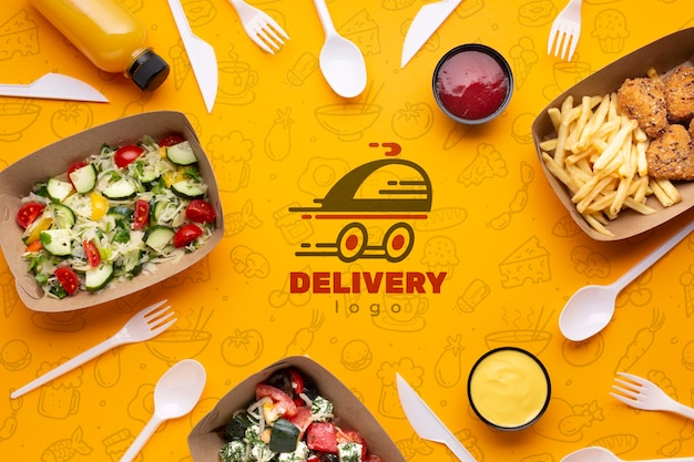 Free PSD | Flat lay free food service arrangement with background mock-up