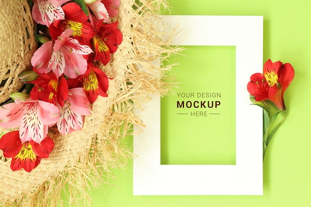 Download Premium PSD | Flat lay mockup frame with straw hat decorated tropical flowers