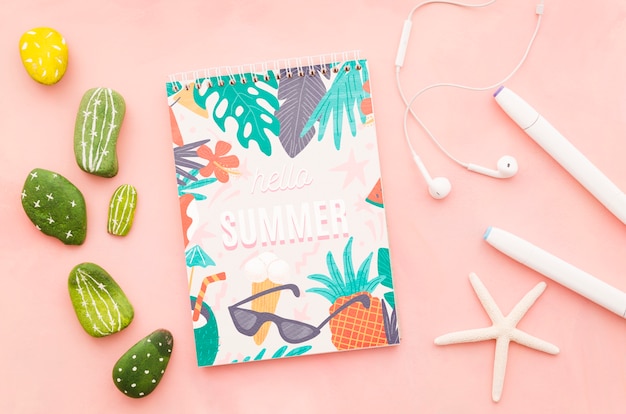 Download Flat lay notepad cover mockup for summer concepts | Free PSD File